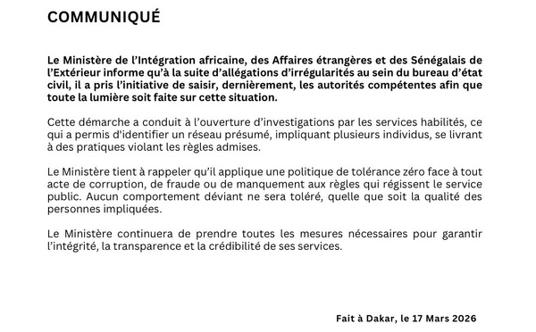 Trafic présumé au bureau d'état-civil : le ministère sénégalais des Affaires étrangères saisit la justice 