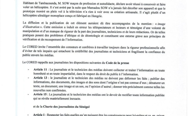 Affaire de l'hélicoptère de Tambacounda : le CORED appelle (encore) les journalistes à la vigilance